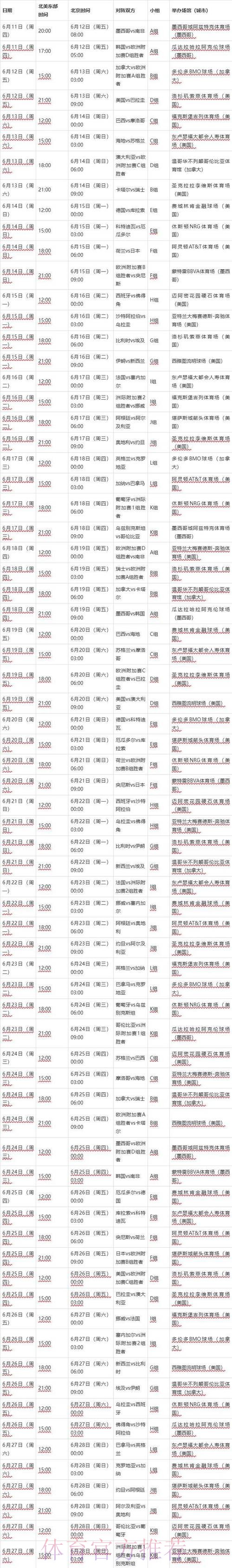 2026世界杯完整赛程实时